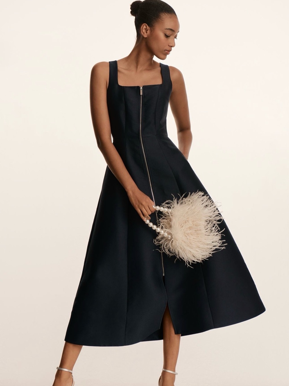 Classic Black Square-Neck Midi Dress with Front Zip